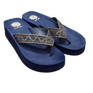 Yellow Box Randie‎ Navy Blue Mosaic Rhinestone Wedge Platform Sandals Women's 9